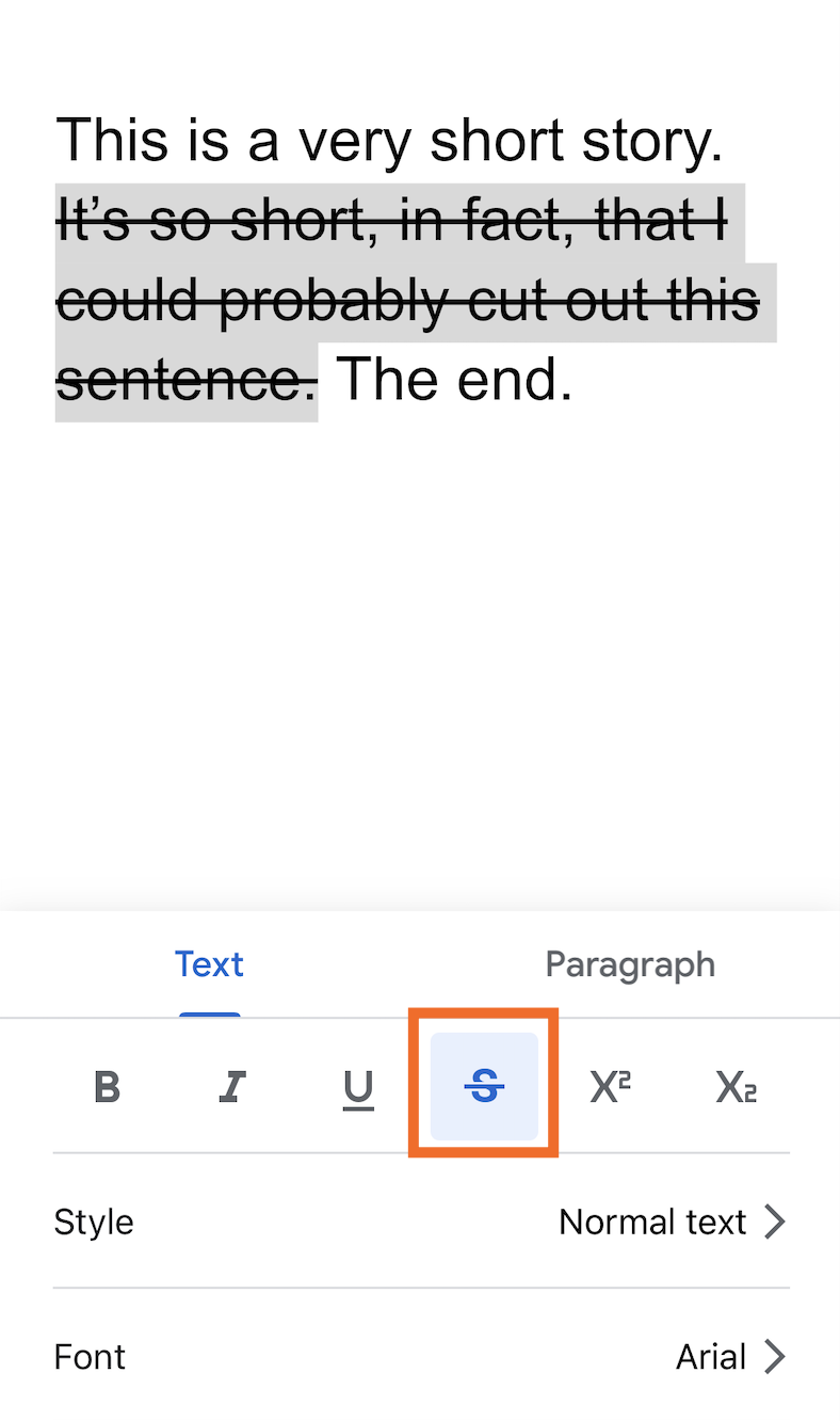 How to strikethrough on Google Docs on the mobile app.