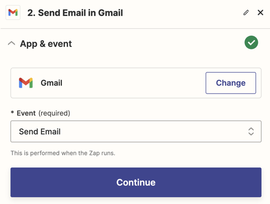 An action step in the Zap editor with Gmail selected for the action app and Send Email selected for the action event.