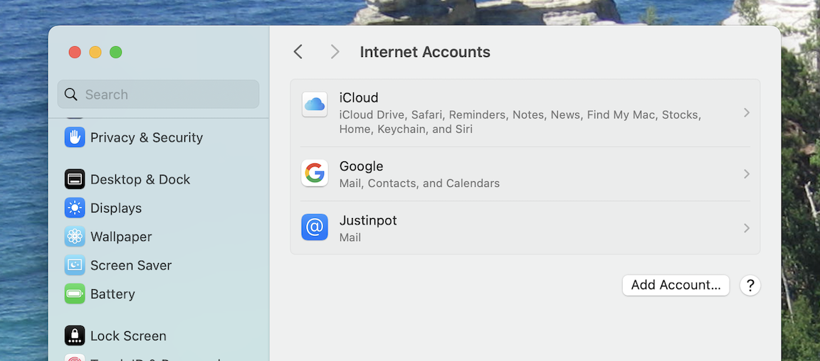 Adding an account to your Internet Accounts on your Apple device