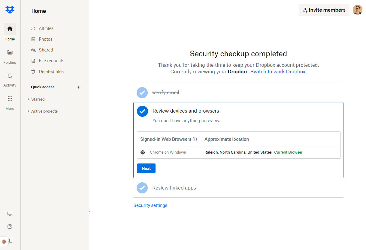 Dropbox security checkup