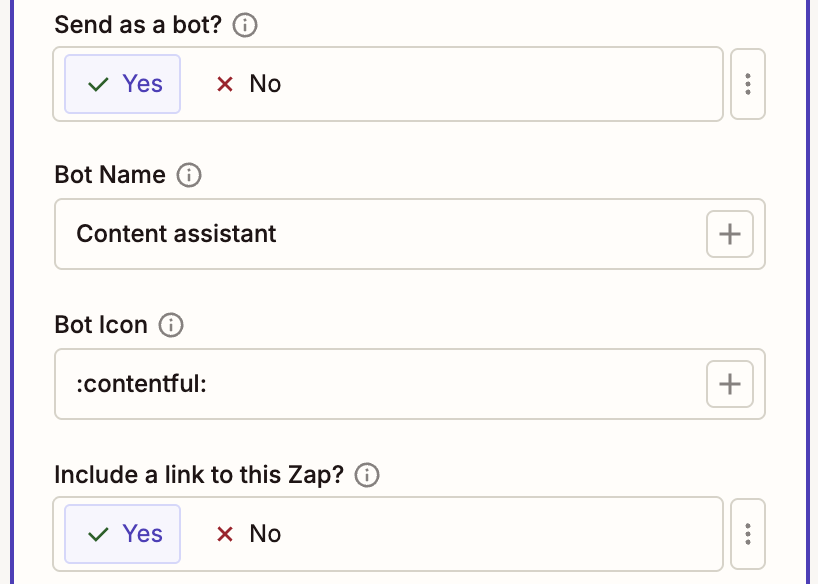 Slack message setup showing bot settings with name Content assistant and icon :contentful: