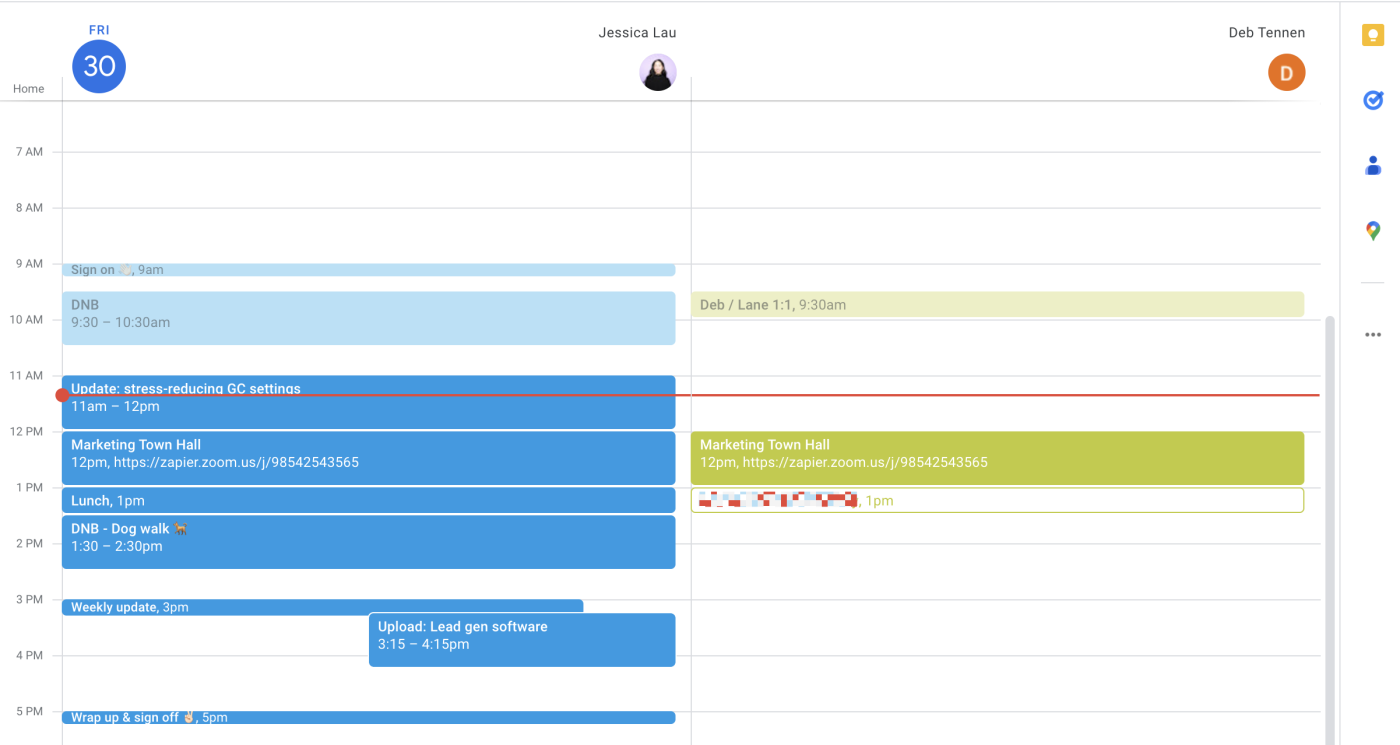 Side-by-side view of two calendars in Google Calendar. 