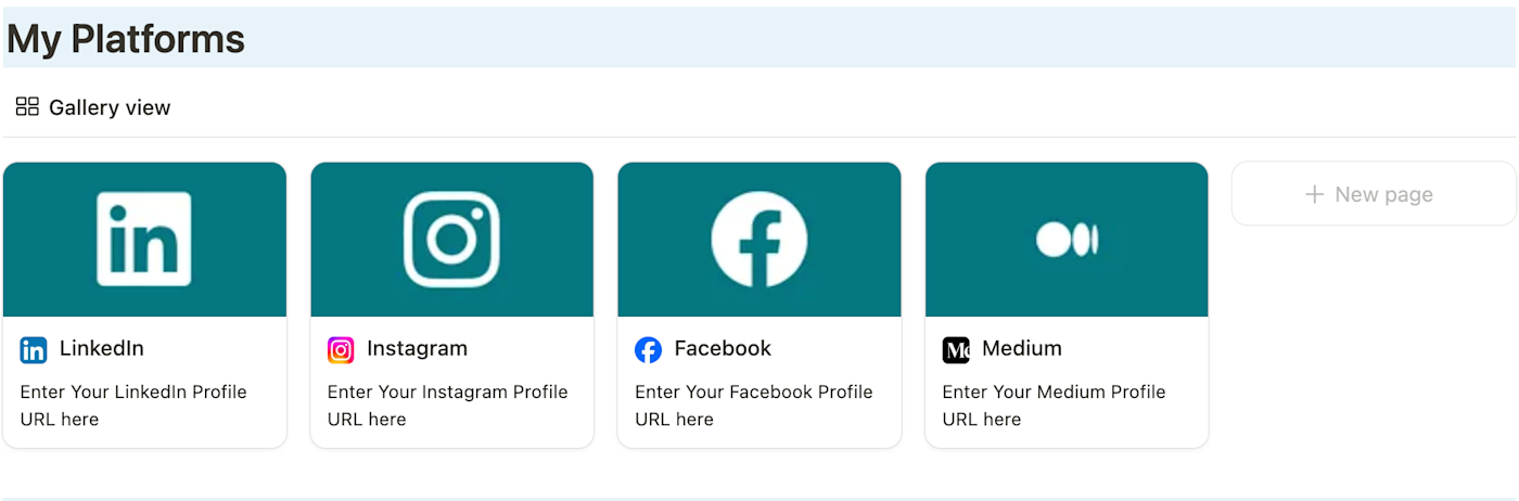 The My Platforms section of the Notion social media planner, with sections for LinkedIn, Instagram, Facebook, and Medium