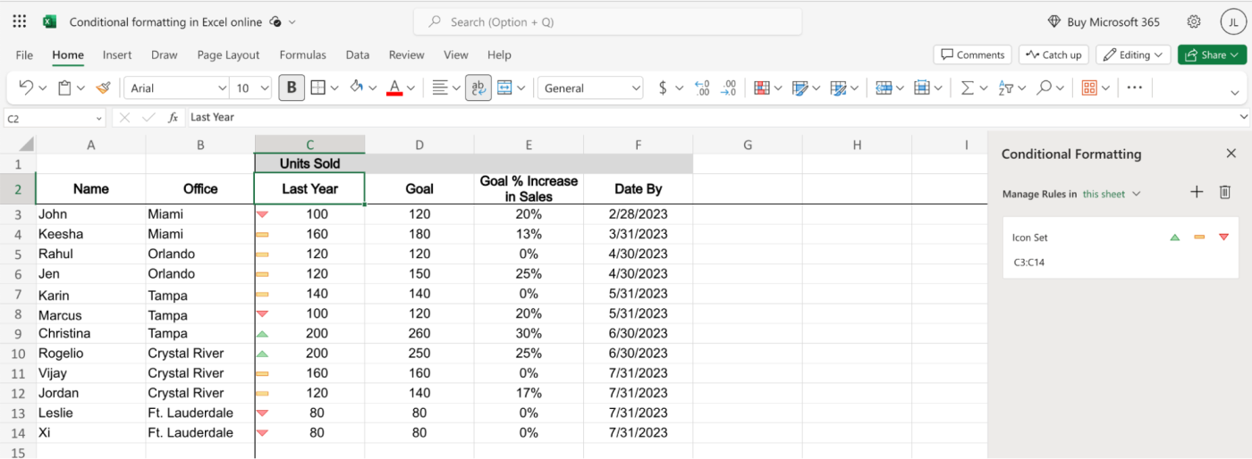 Example of an "icon sets" conditional formatting rule in Excel.
