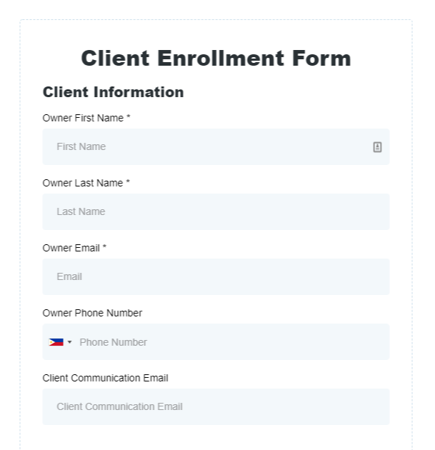 A screenshot of the client enrollment form to gather client information, showing fields for things like name, email, and phone number.