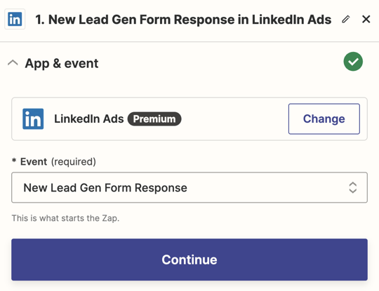 A trigger step in the Zap editor with LinkedIn Ads selected for the trigger app and New Lead Gen Form Response selected for the trigger event.