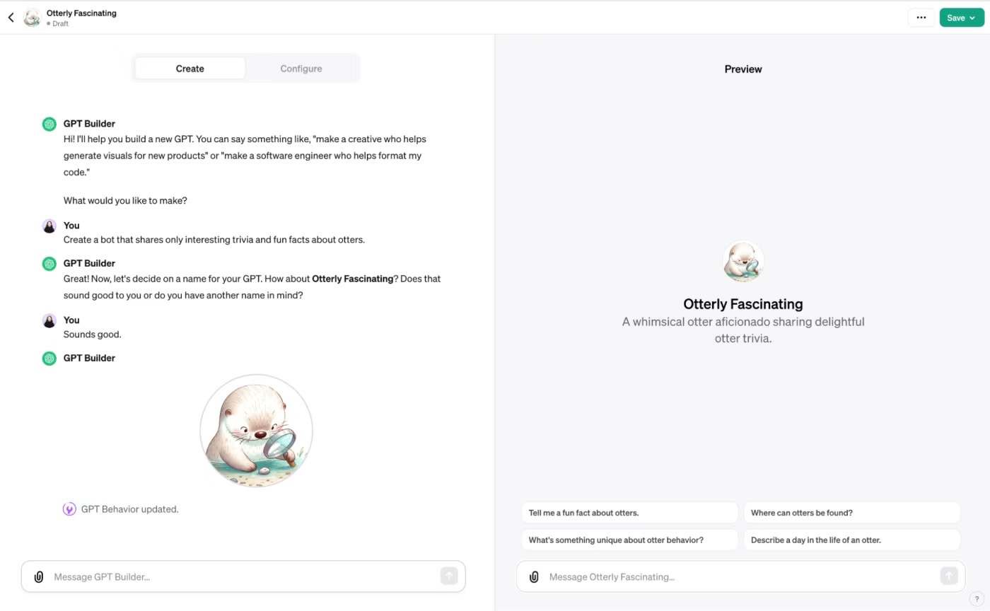Side-by-side view of the OpenAI GPT builder and a custom ChatGPT called Otterly Fascinating. 
