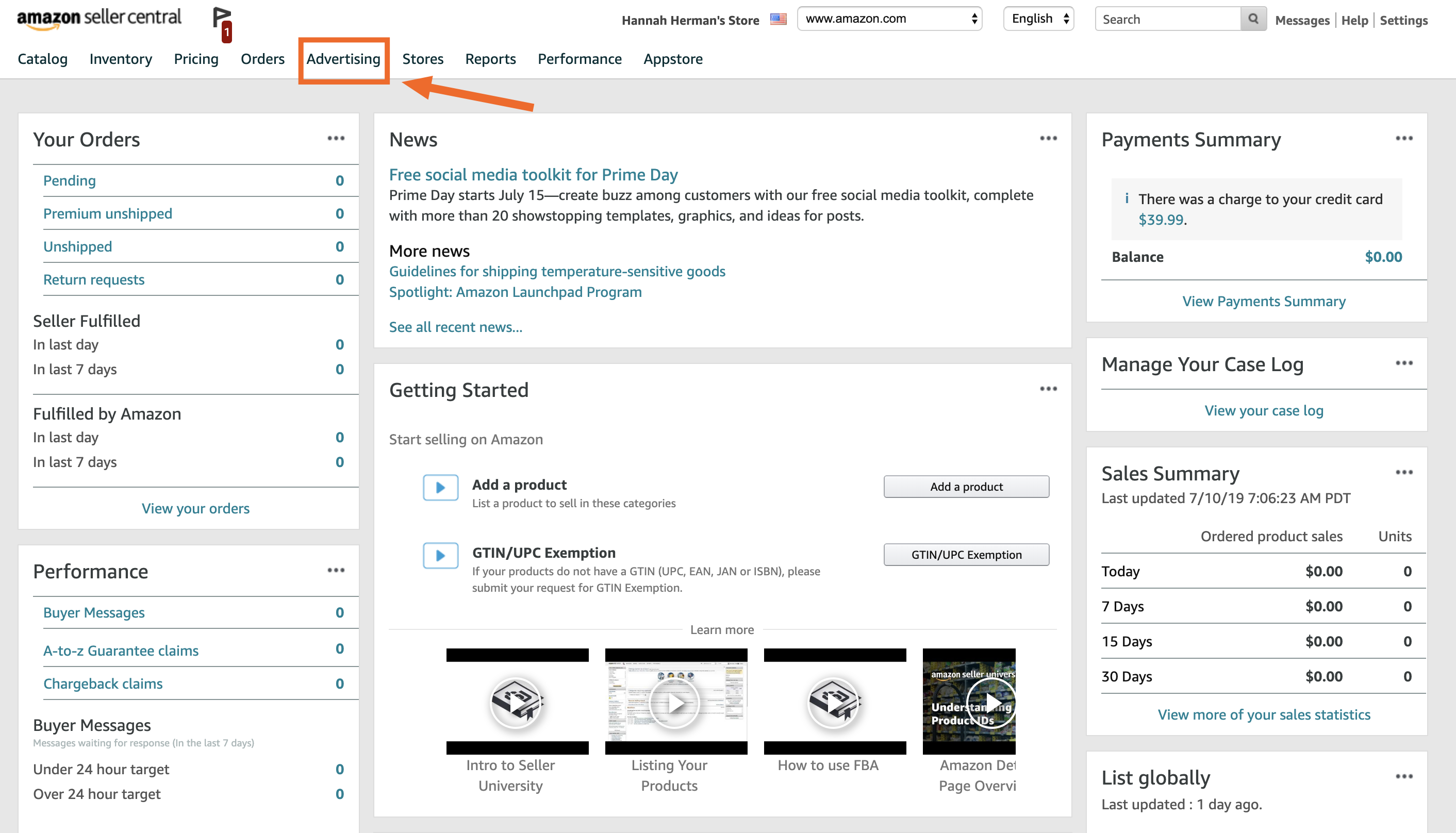 Advertising tab in Amazon Seller Central