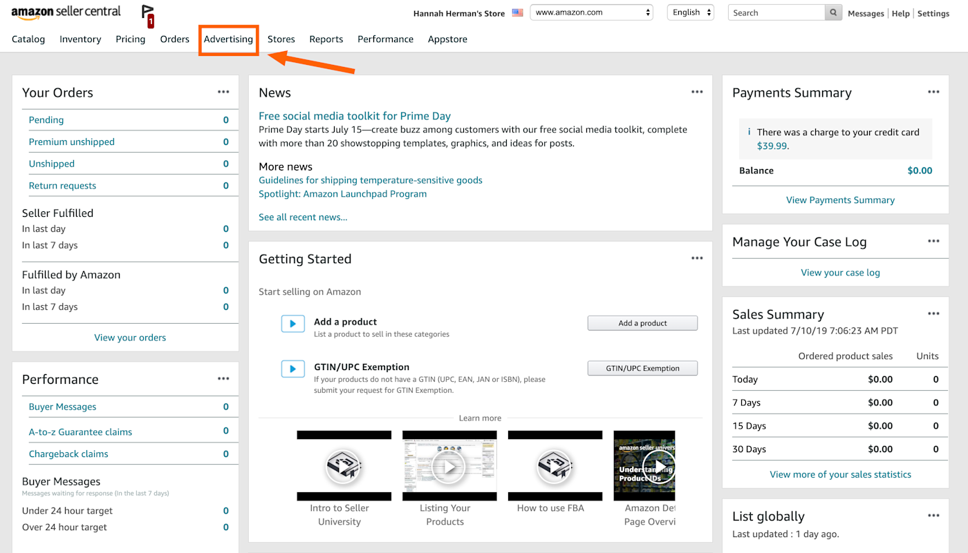 Advertising tab in Amazon Seller Central