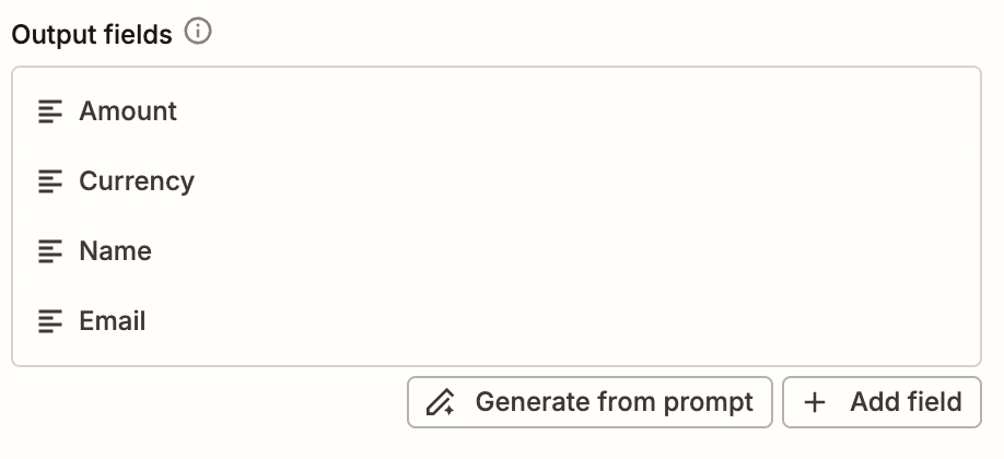 Output fields for an AI by Zapier action step