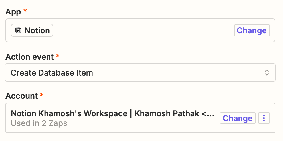 An action step in the Zap editor with Notion selected for the action app and Create Database Item selected for the action event.