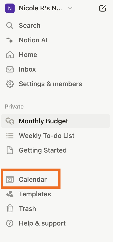 Sidebar in Notion with "Calendar" highlighted.