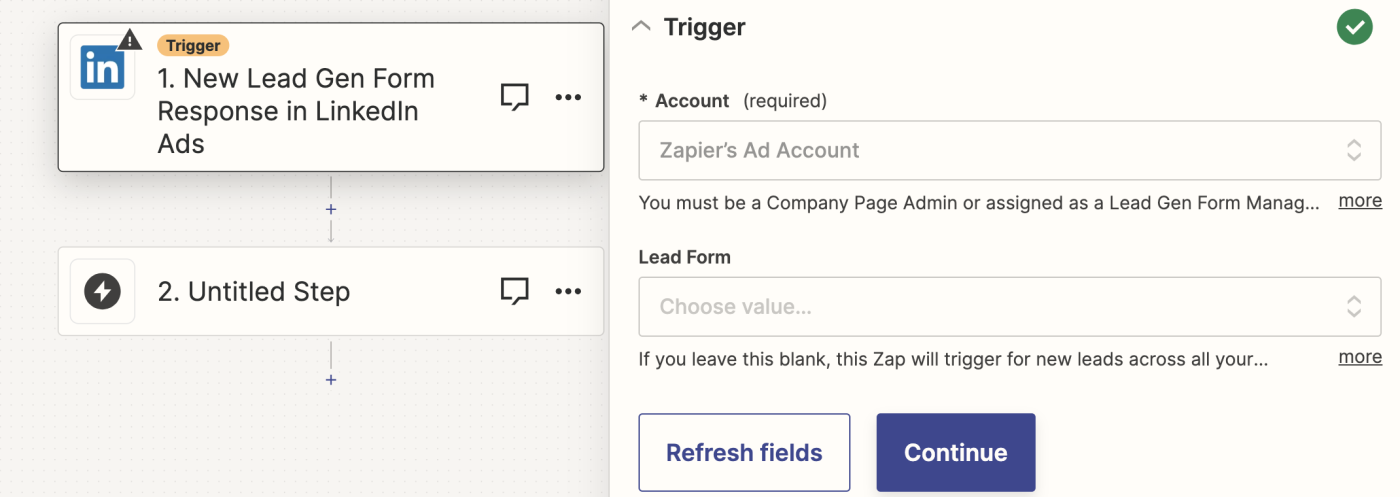 The Account and Lead Form fields in a LinkedIn Ads trigger step in the Zap editor.