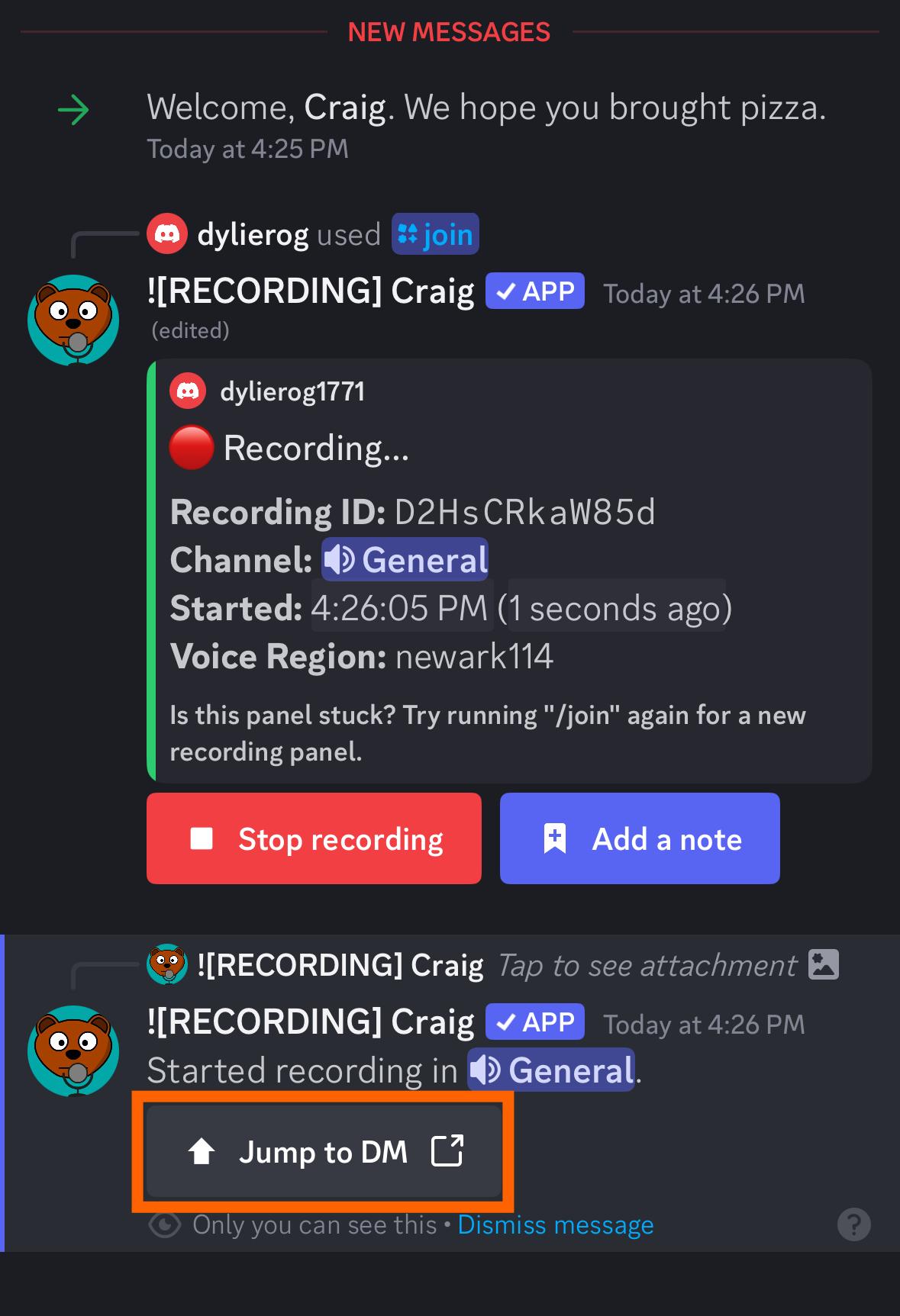 Screenshot showing the jump to DM button on Discord mobile