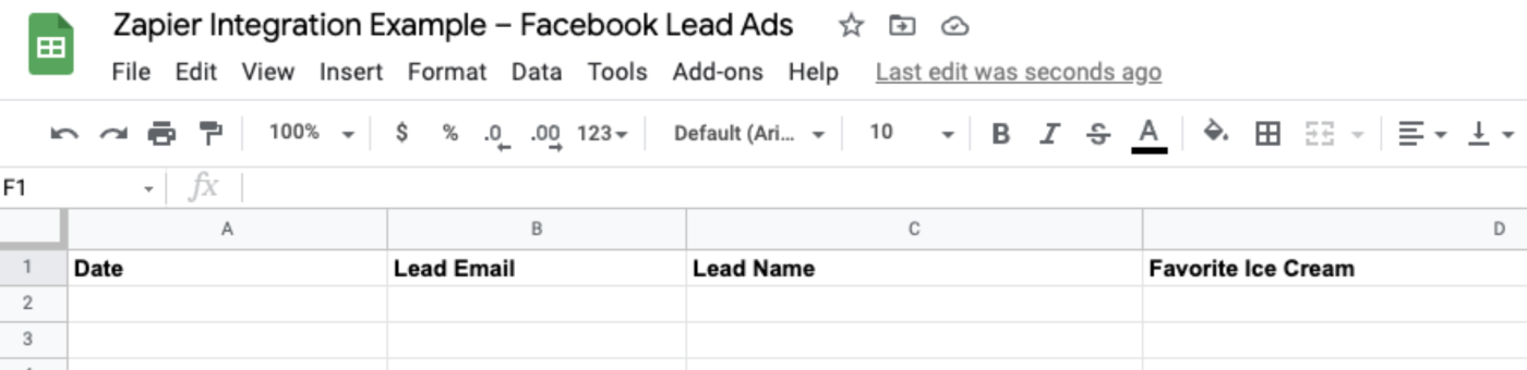 A screenshot of a Google Sheet with columns for "date," "lead email," "lead name," and "date."