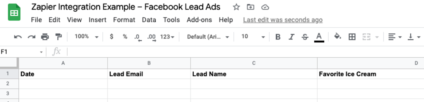 A screenshot of a Google Sheet with columns for "date," "lead email," "lead name," and "date."