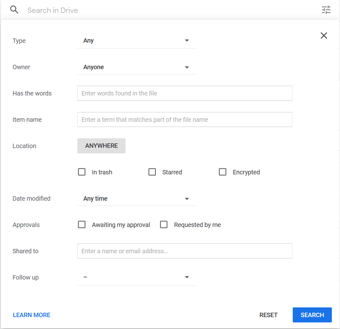 Advanced search parameters in Google Drive