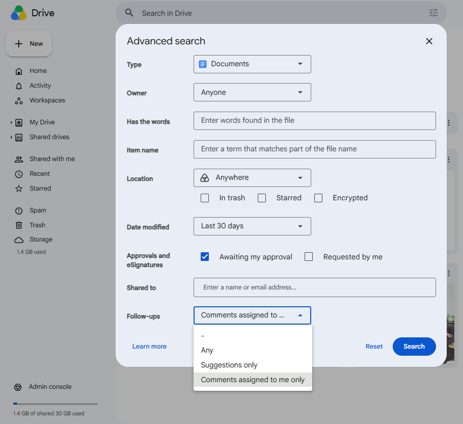 Advanced search parameters in Google Drive