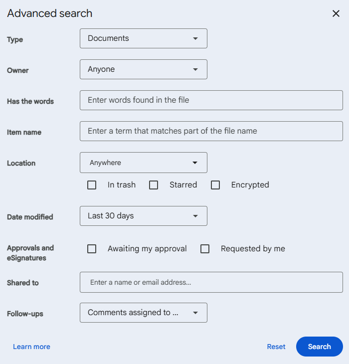 Advanced search parameters in Google Drive
