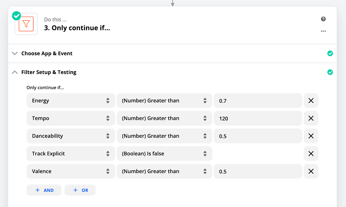 A list of audio features with ranges