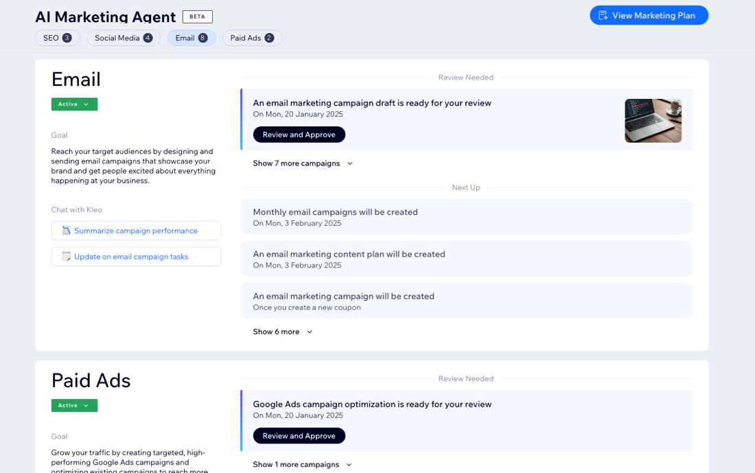 Wix's AI marketing agent suggesting emails and paid ads