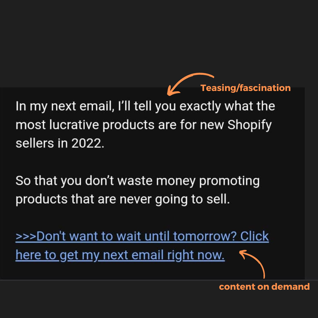 An offer from Emilia to click immediately to the next newsletter (on-demand content).