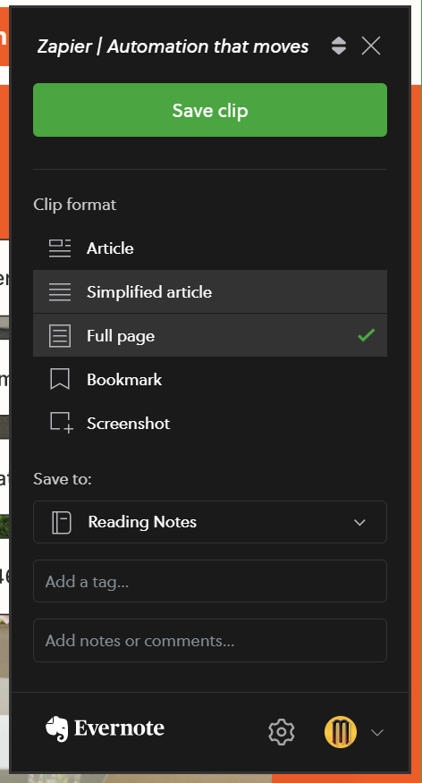 Evernote web clipper options