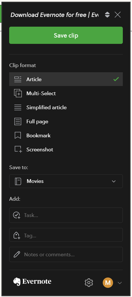 Evernote web clipper options