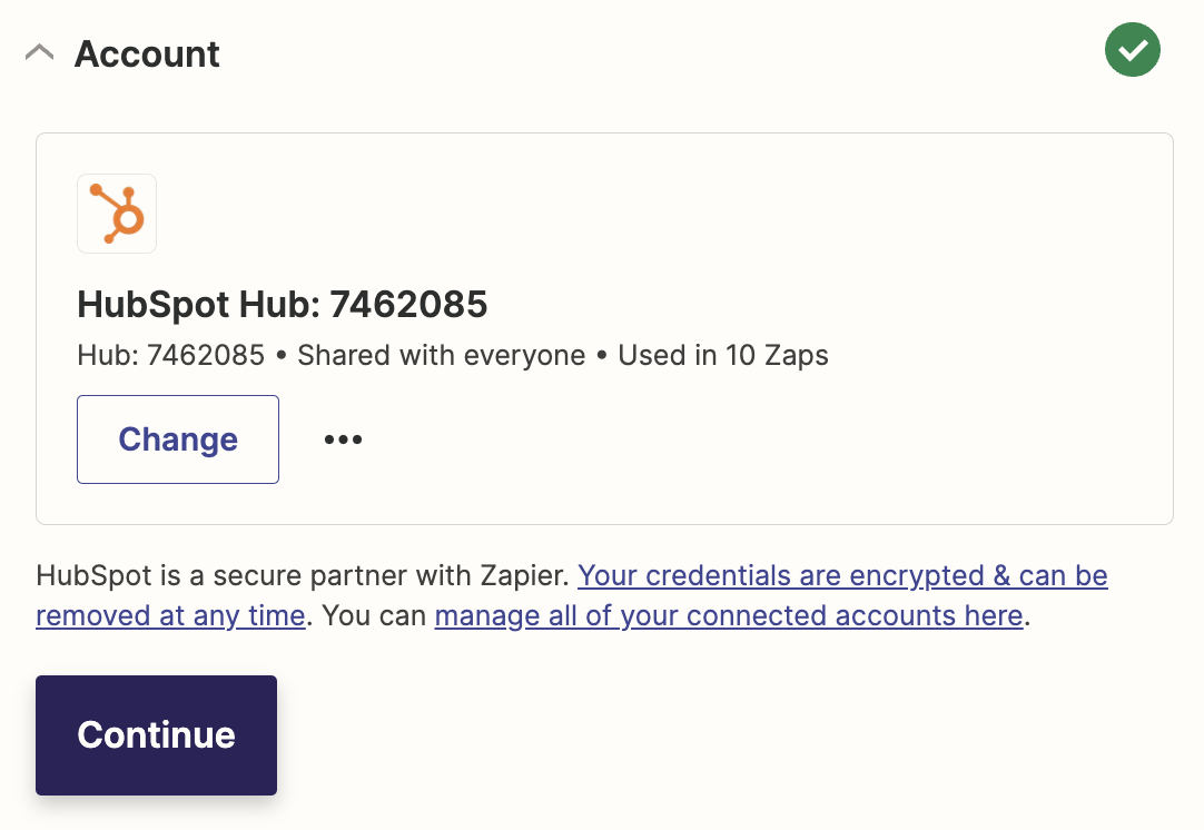 A screenshot of a Hubspot account being linked to Zapier in the Zapier editor.