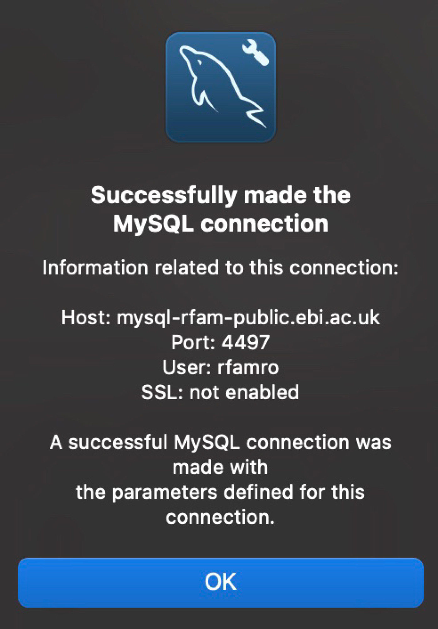Screenshot showing how to test connection in MySQL Workbench.