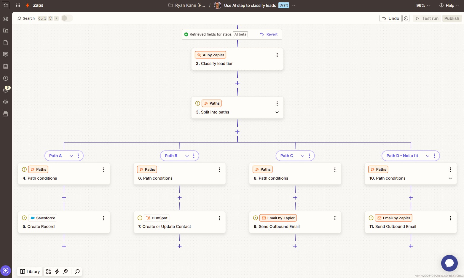 The Zapier editor with a complex workflow