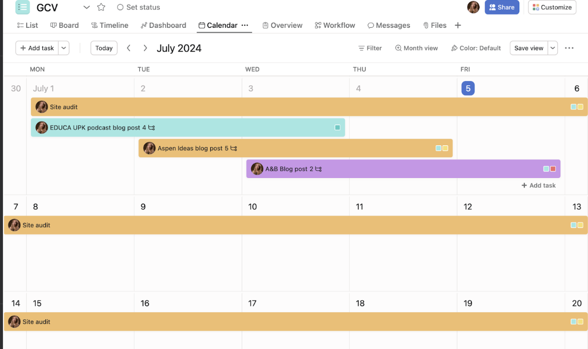 An image of a Calendar view in Asana.