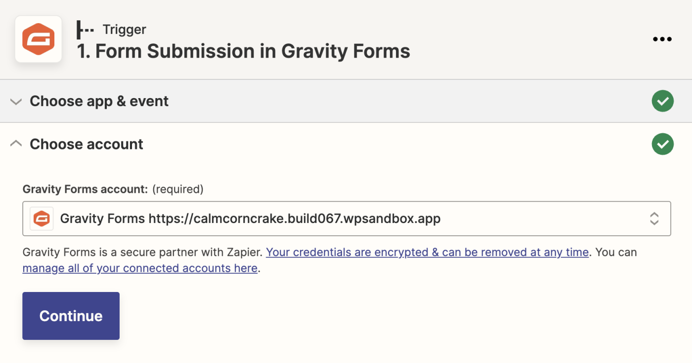 A Gravity Forms account selected in the Gravity Forms account field.