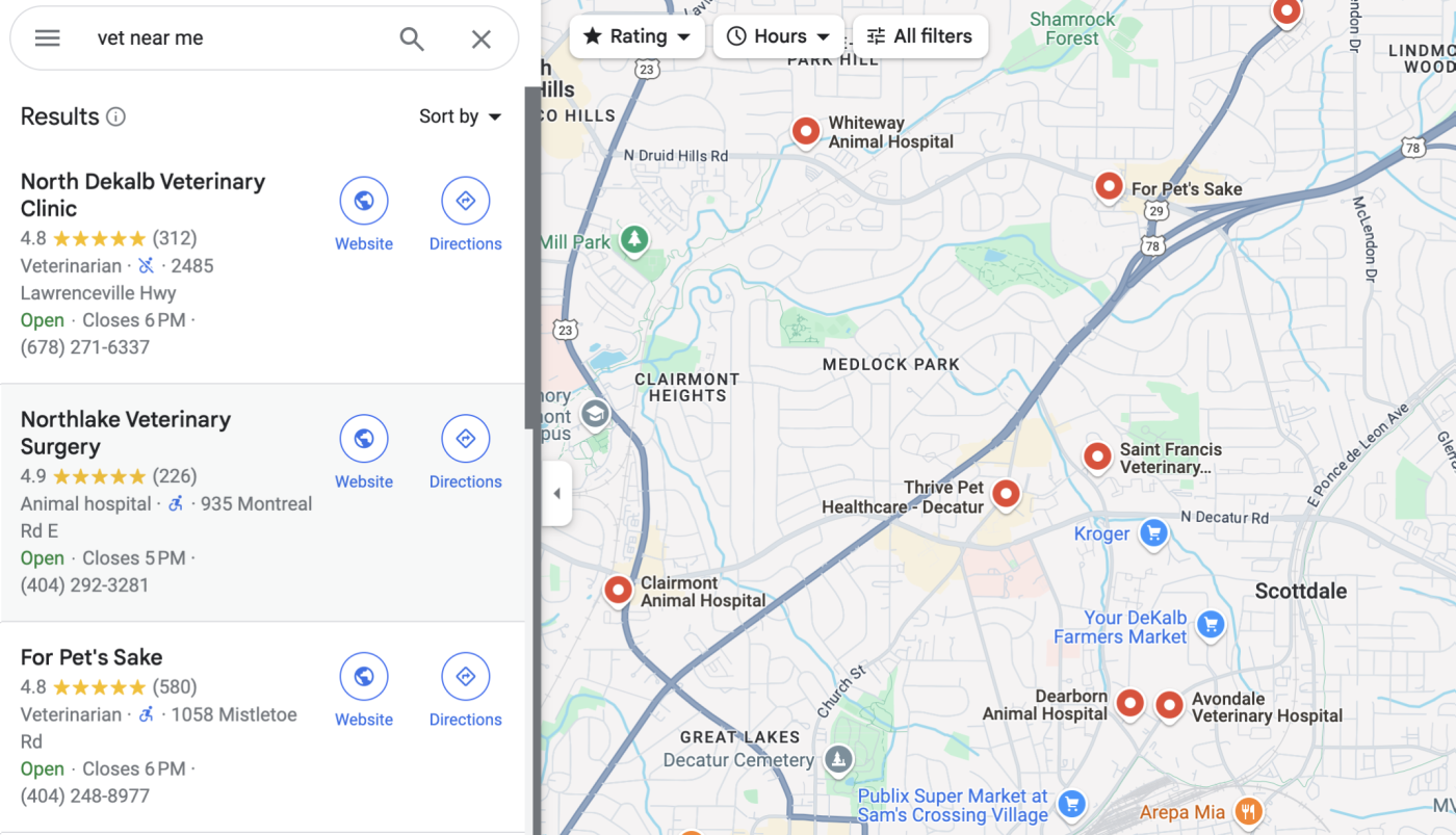 Google Maps search results showing vets near me.