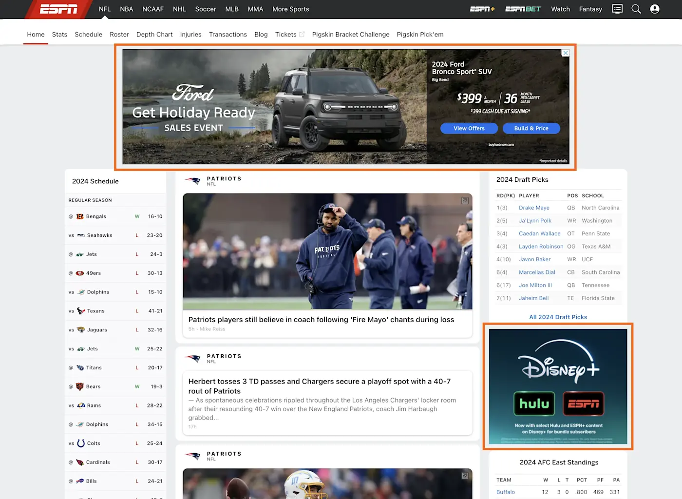 Screenshot from ESPN where the display ads are outlined in orange.