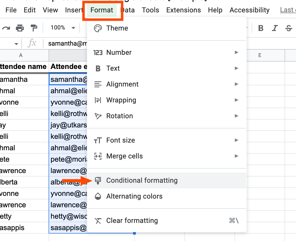 Portion of Google Sheets worksheet with the data in column B highlighted. The format tab is selected with an arrow pointing to the conditional formatting option int he dropdown menu.