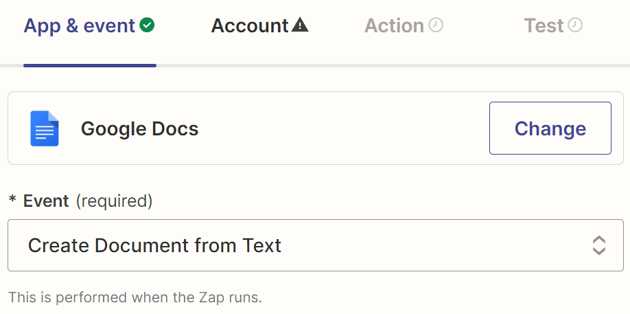 An action step in the Zap editor with Google Docs selected for the action app and Create Document from Text selected for the action event.