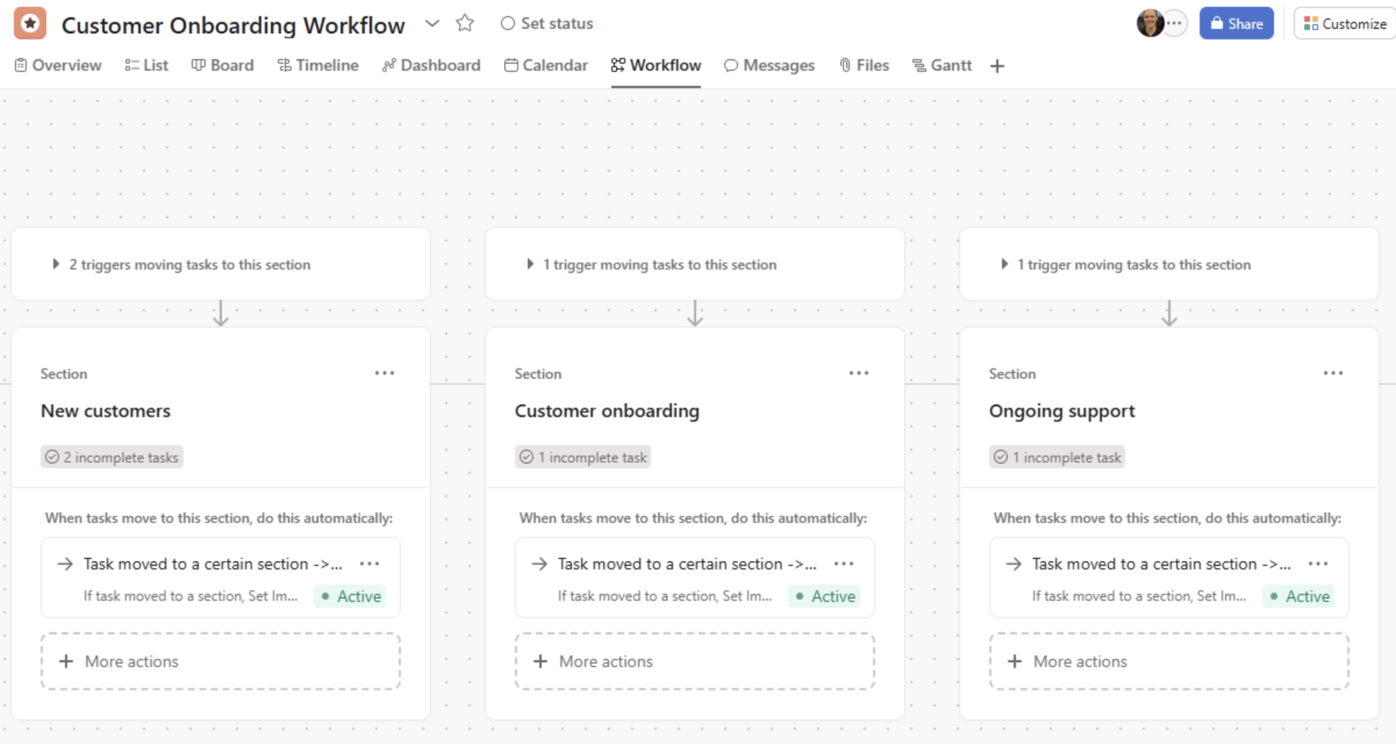 A screenshot of Asana, an enterprise workflow management software. 