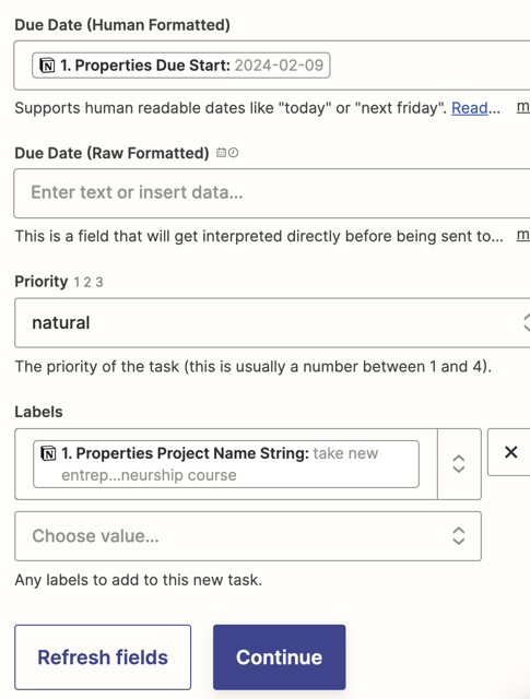 Screenshot of the Zap editor with the "Due Date", "Priority," and "Labels" fields mapped