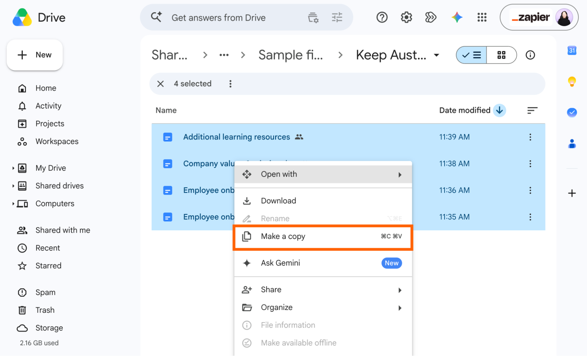 List of Google Drive folders highlighted with an expanded view of the right-click menu. The option to make a copy if selected.