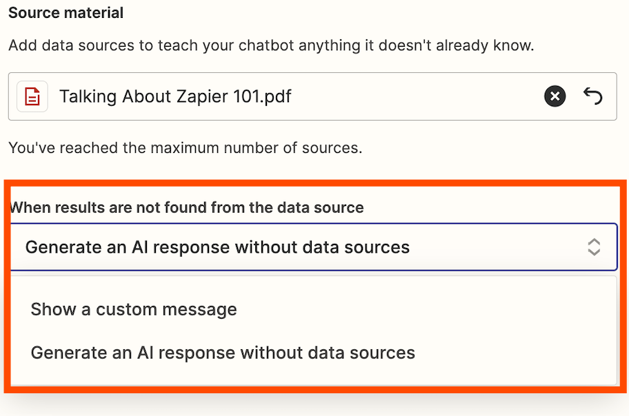 An orange box around a dropdown to select what to do when results are not found from the data source.