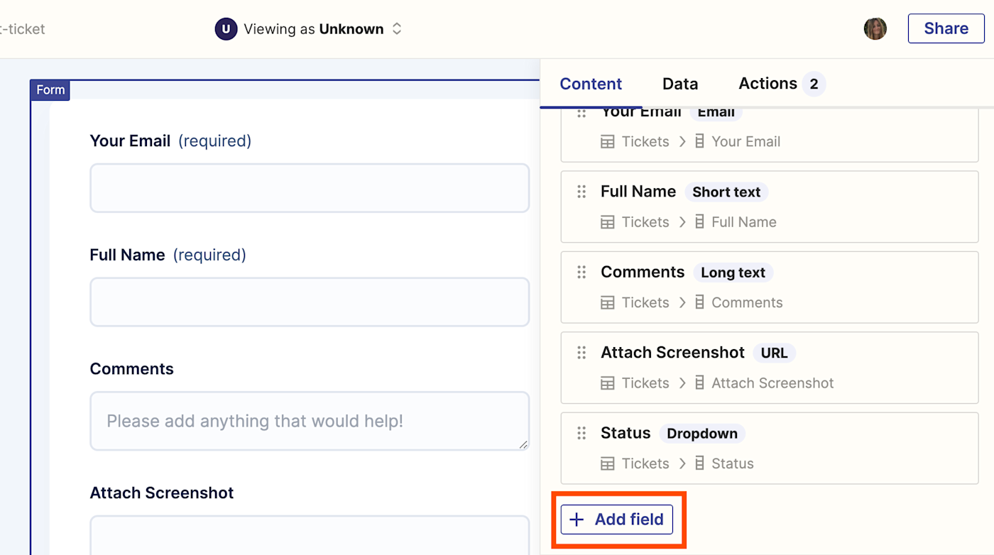 Screenshot of add field button