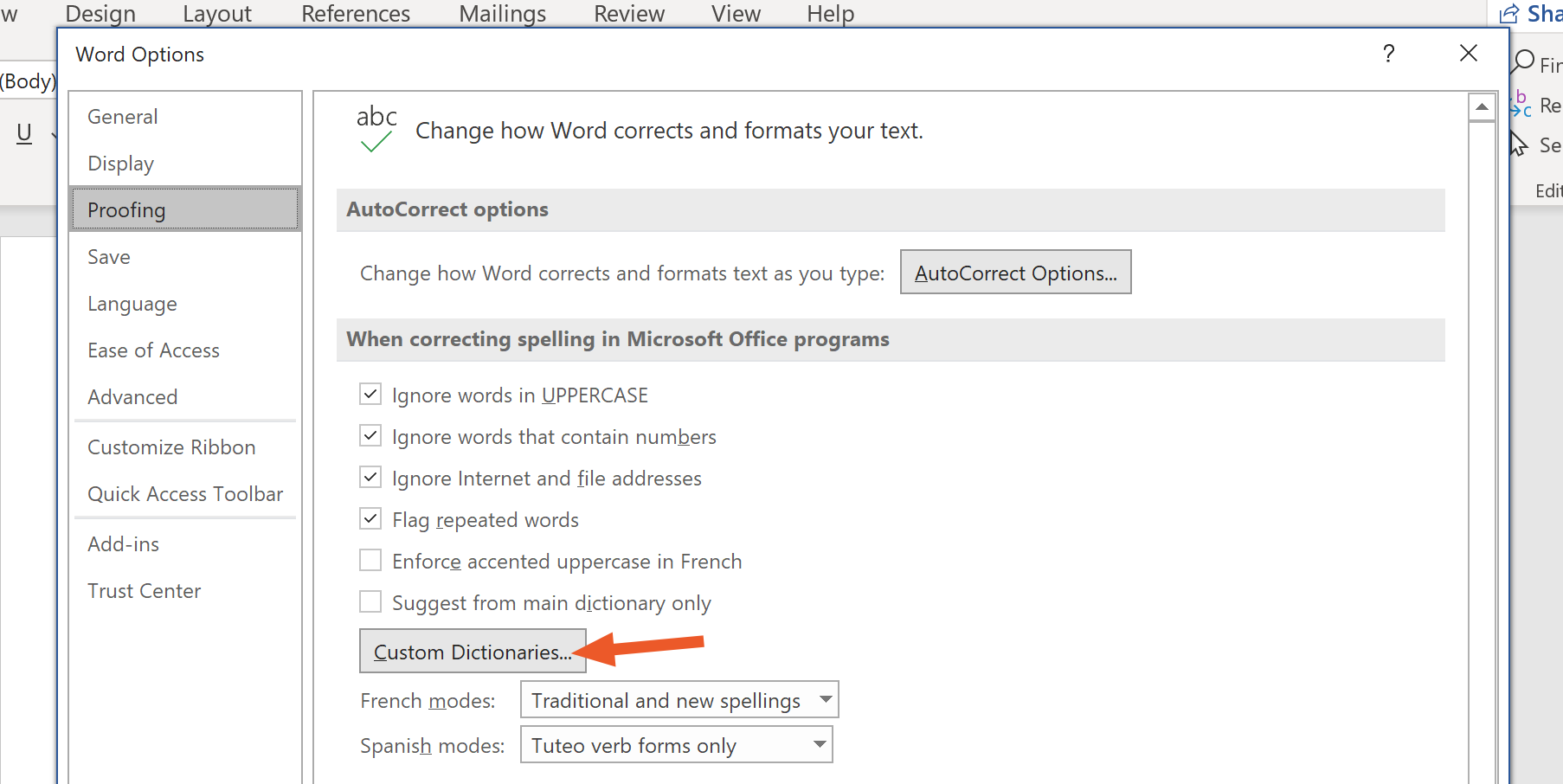 how to open proofing option in word for mac