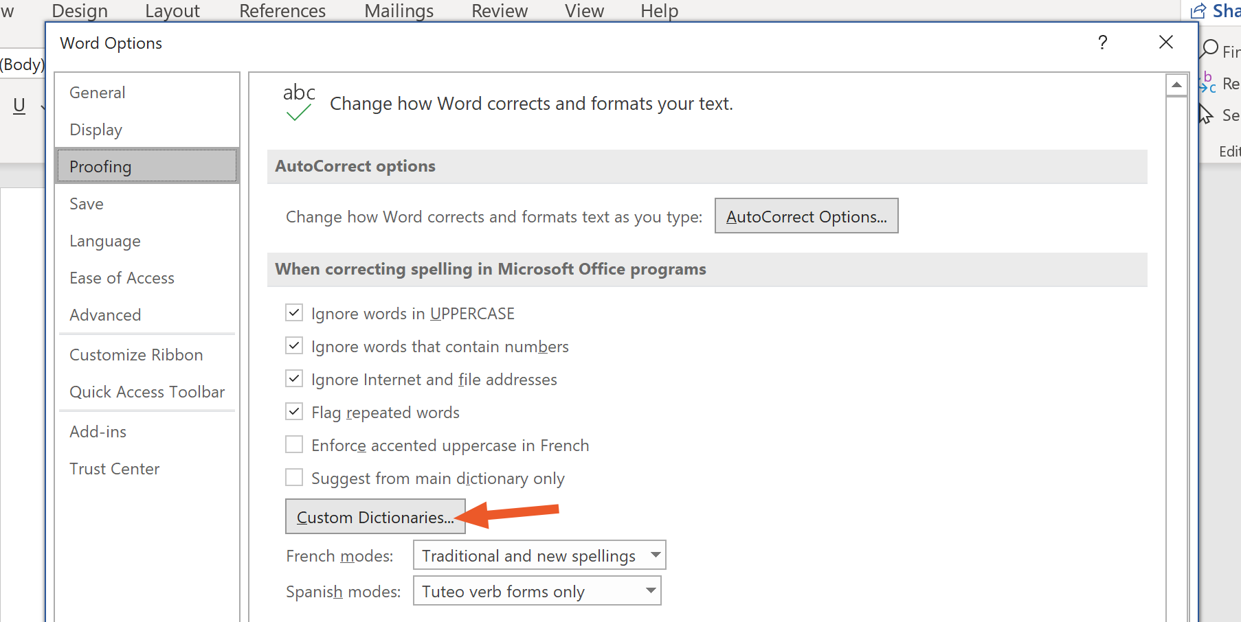 how to view custom dictionary in word