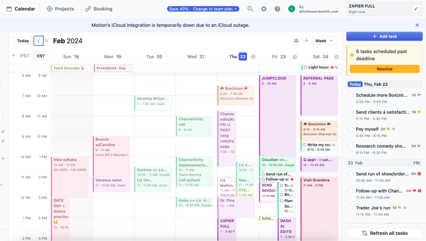 Motion calendar with a sleek interface displaying tasks and events.
