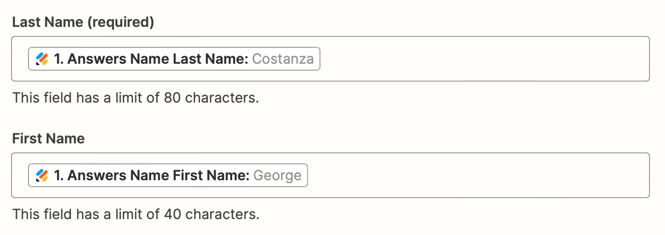 Last Name and First Name fields in the Zap editor with Jotform form responses mapped to those fields.