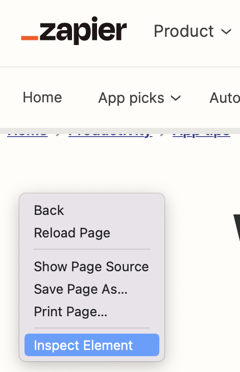 Screenshot of the writer navigating to Inspect Element