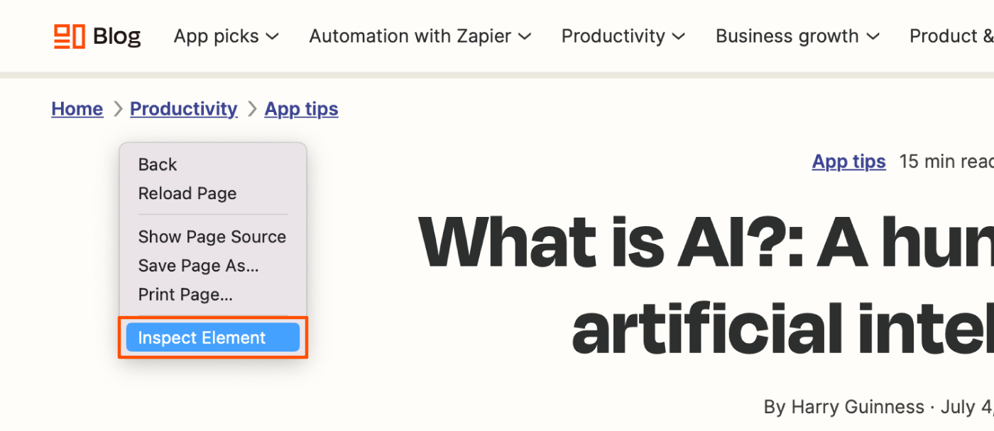 Screenshot of the writer navigating to Inspect Element