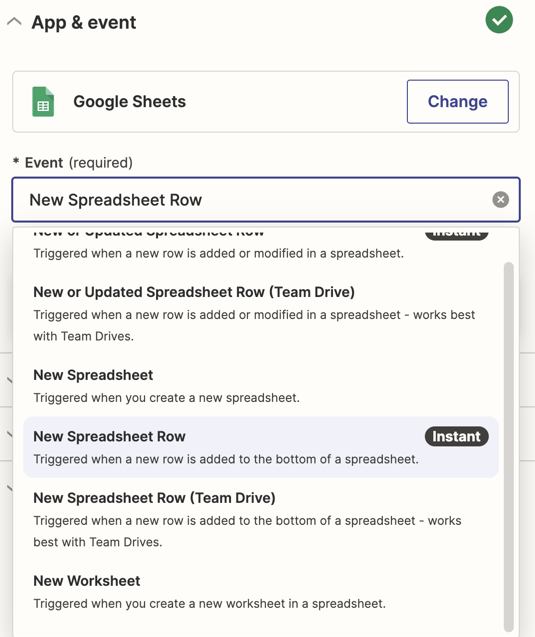 The Google Sheets trigger event dropdown with New Spreadsheet Row selected.
