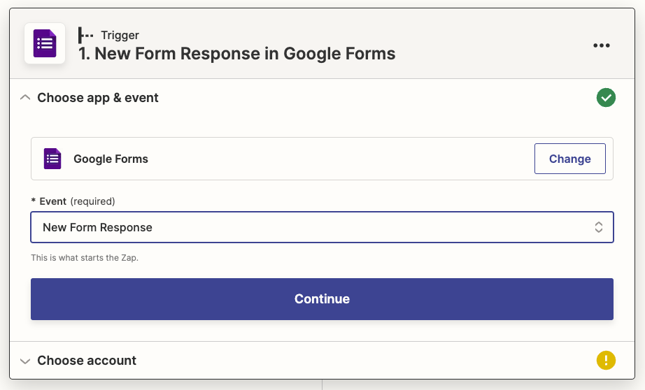 Google Forms is shown selected as a trigger app with New Form Response selected in the Event field.